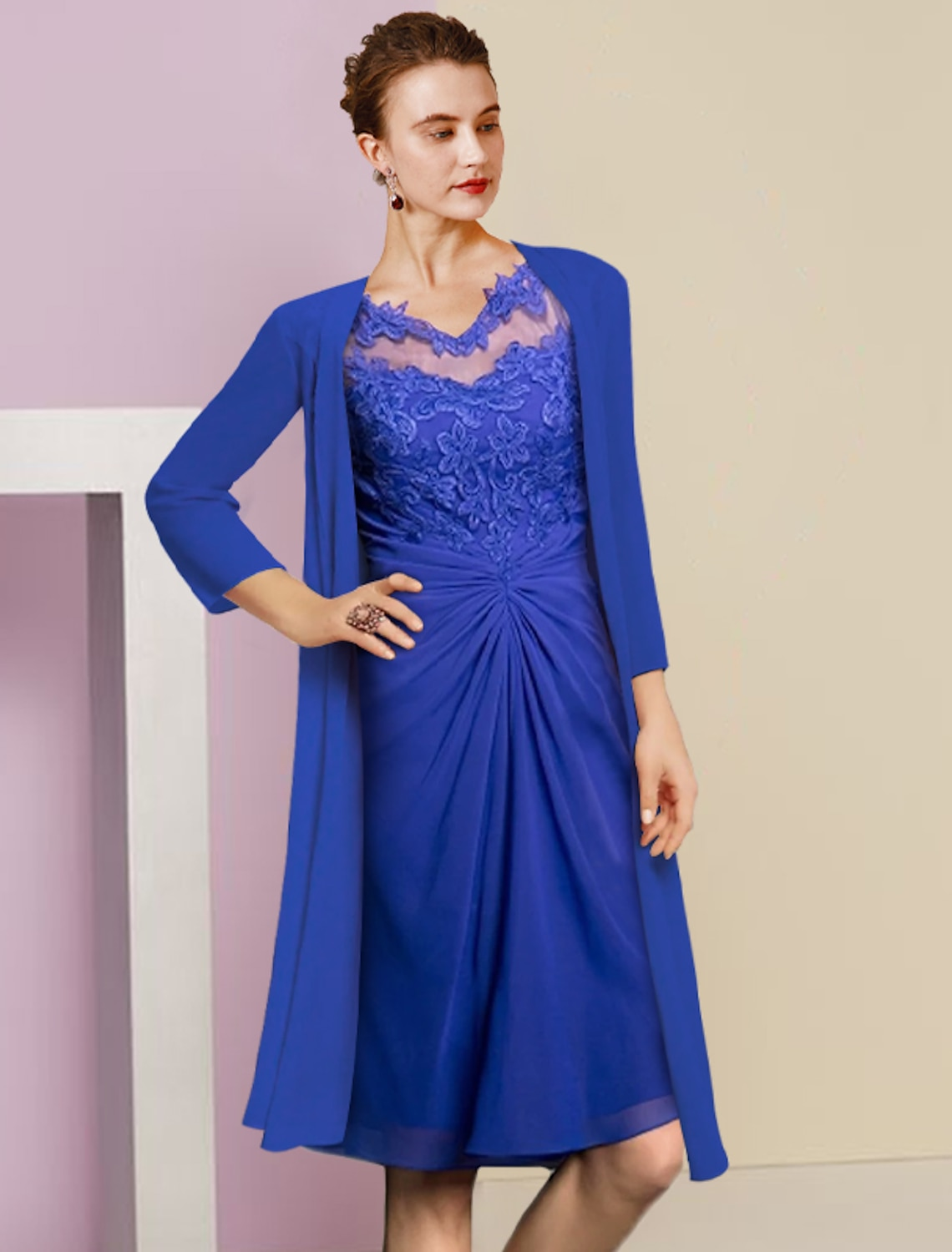 Luolandi Two Piece Sheath / Column Mother of the Bride Dress Formal Wedding Guest Vintage Elegant V Neck Knee Length Chiffon Lace Half Sleeve Jacket Dresses